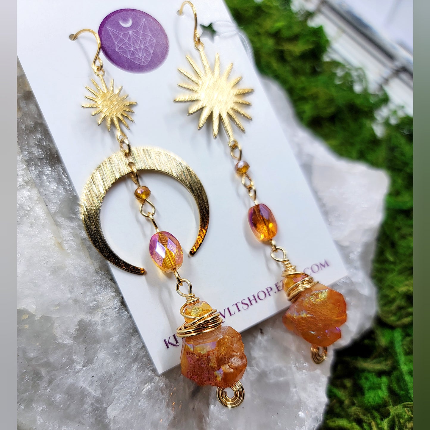 Orange Aura Quartz Moon & Star Mismatch Earrings