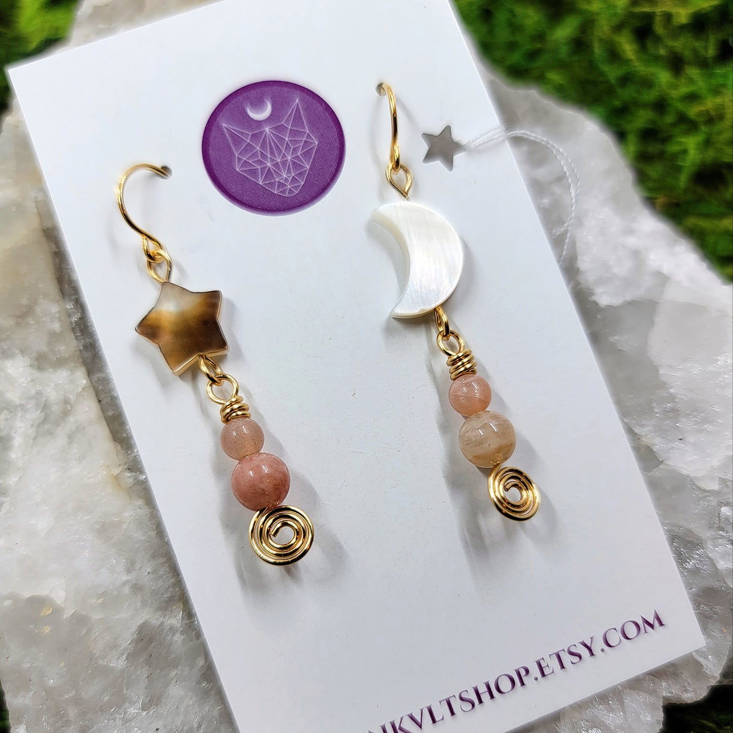 Sunstone and Shell Moon & Star Earrings