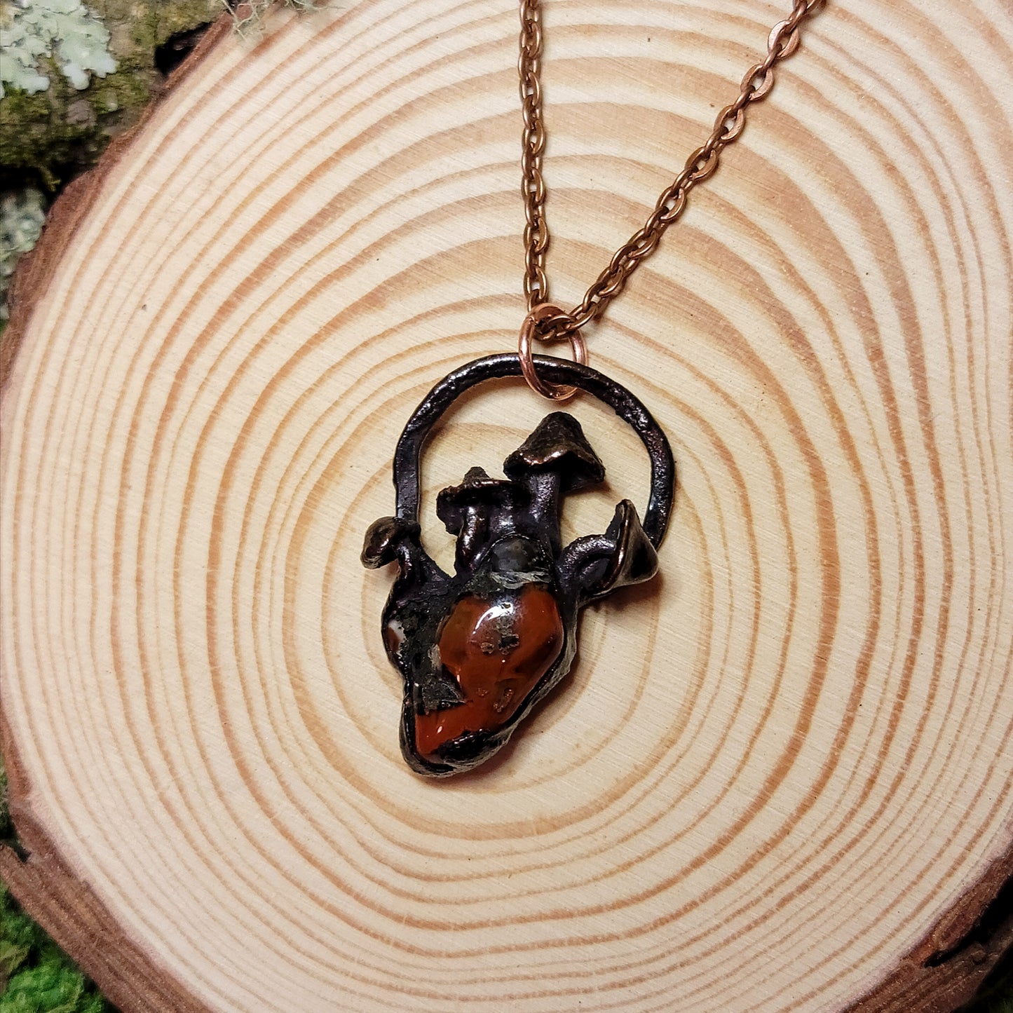 Brecciated Jasper Mushroom Anatomical Heart Copper Necklace