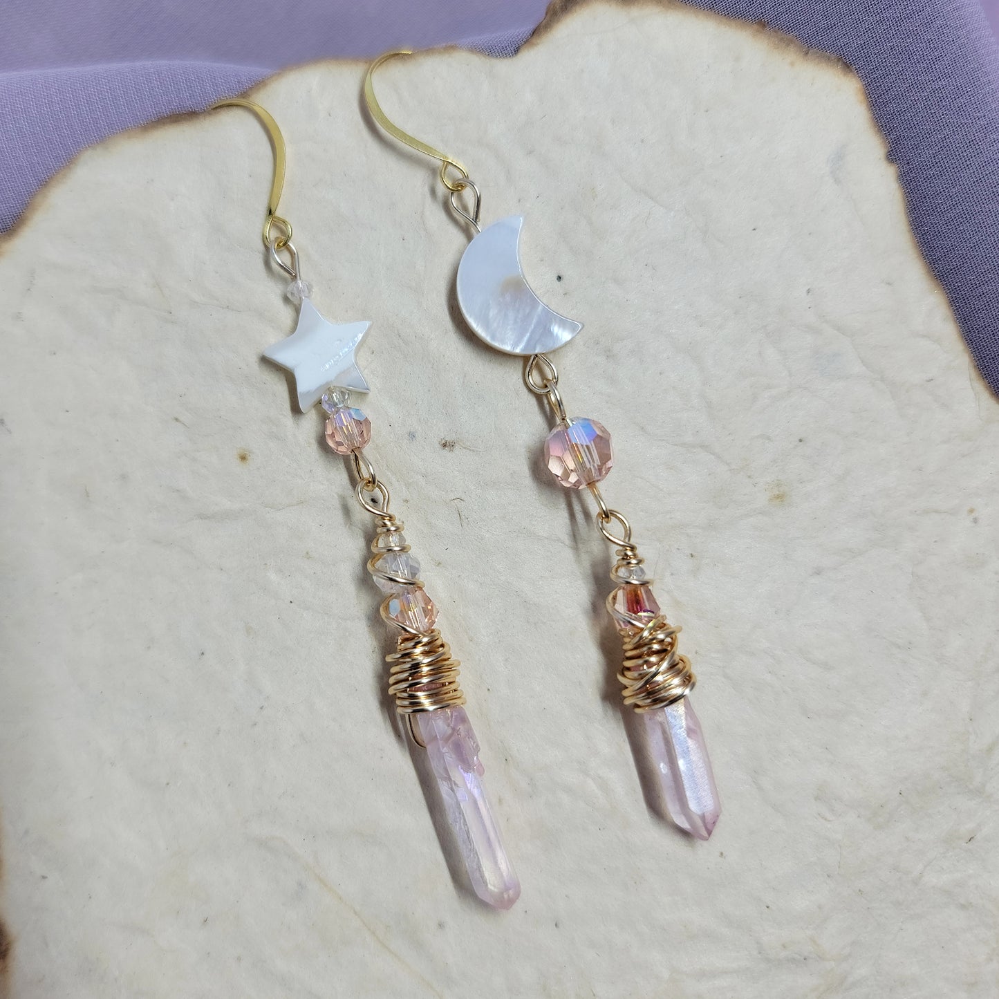 Pink Aura Quartz Celestial Shell Earrings