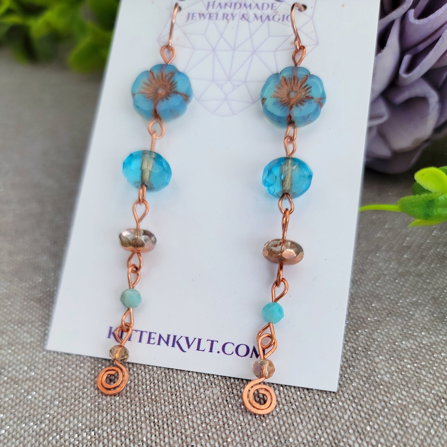 Amazonite & Czech Glass Flower Earrings