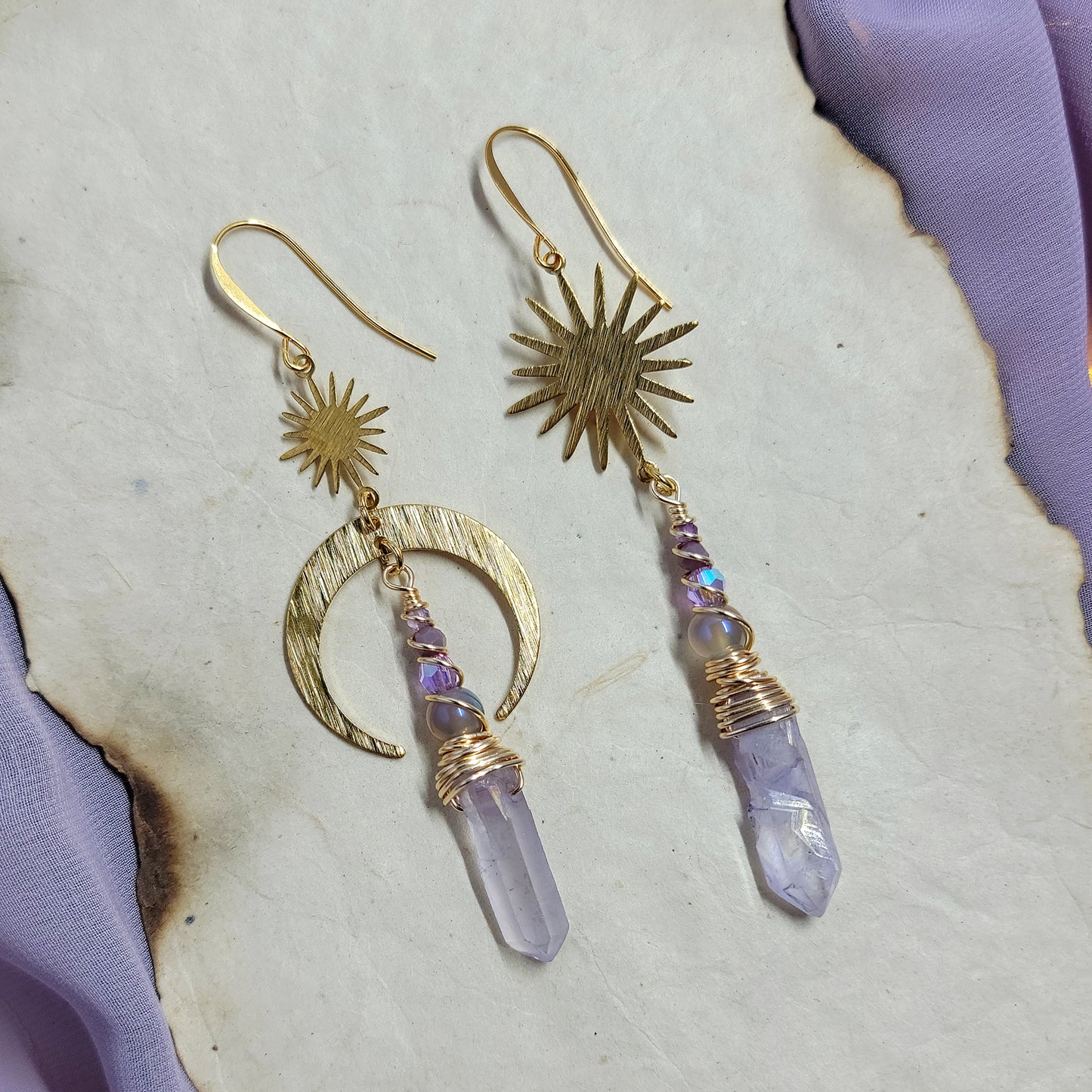 Celestial Lilac Aura Quartz Aura Agate Crystal Moon Earrings