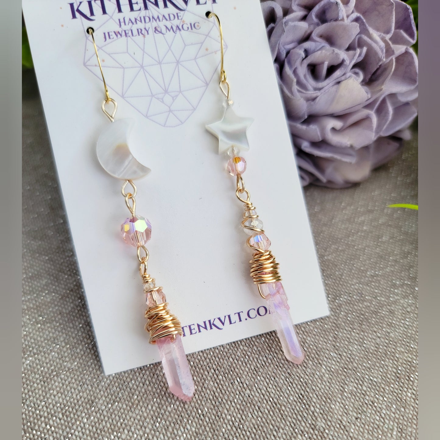 Pink Aura Quartz Celestial Shell Earrings