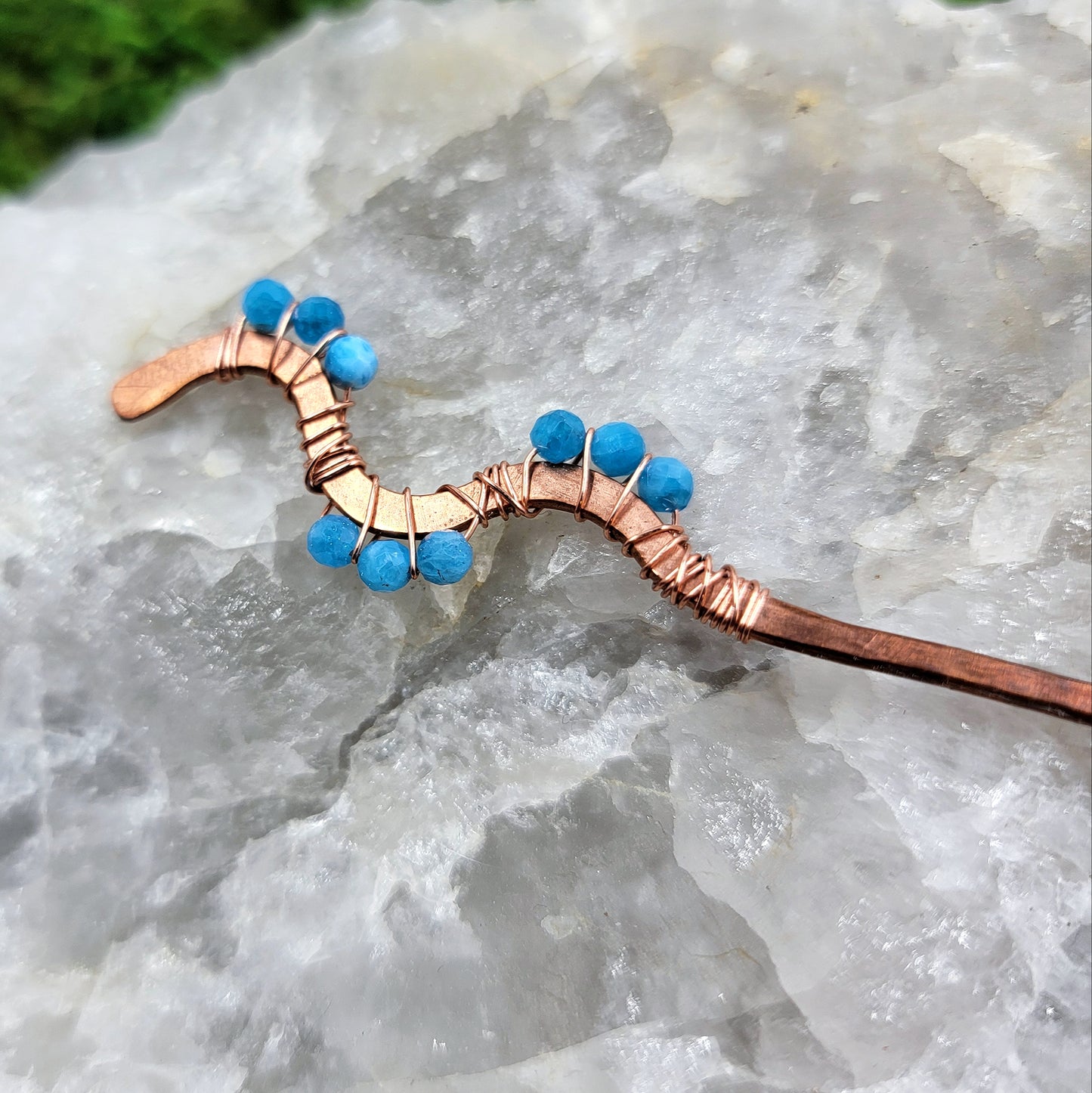 Blue Apatite Hammered Copper Squiggle Hair Stick