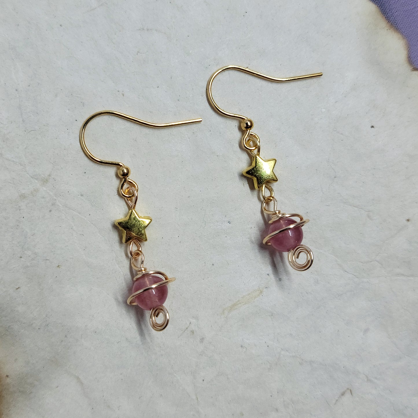 Witchy Mystical Strawberry Quartz Planet Star Earrings