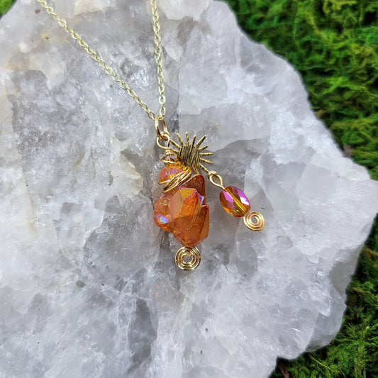 Orange Aura Quartz Sun Star Necklace