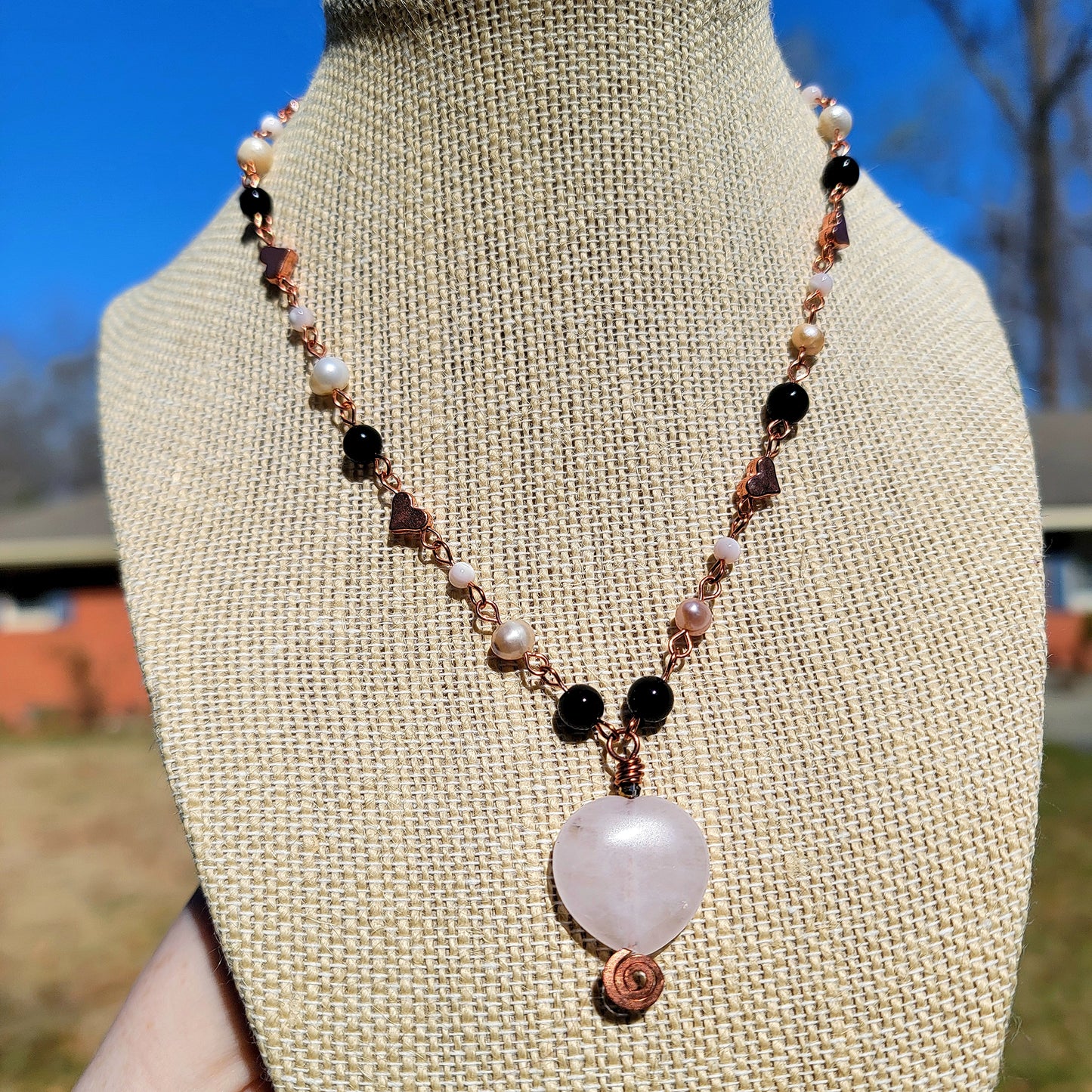 Rose Quartz Heart Copper Choker With Freshwater Pearls, Mother of Pearl & Onyx