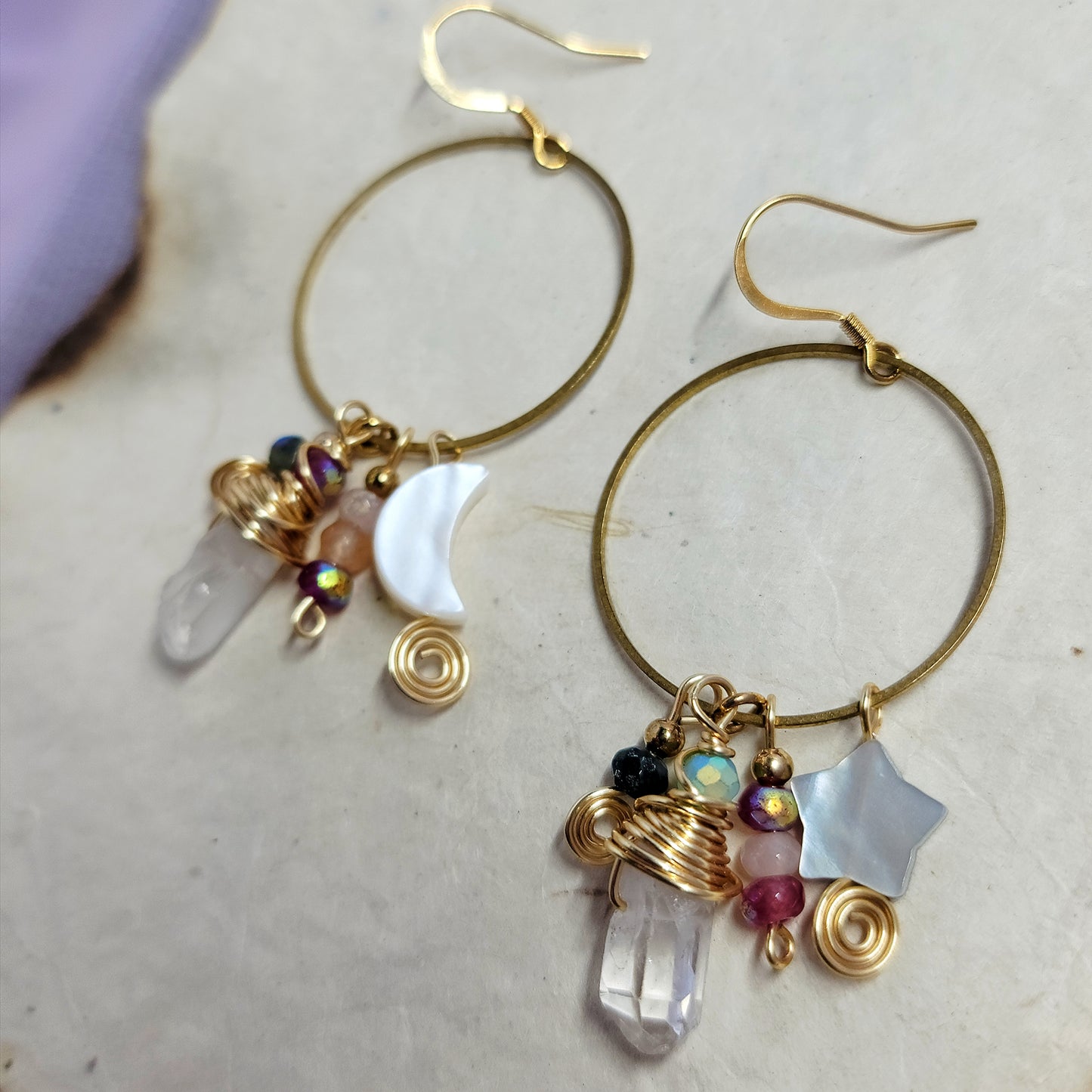 Mystical Celestial Quartz Moss Agate & Shell Charm Earrings, Ethereal Fairy Crystal Earrings