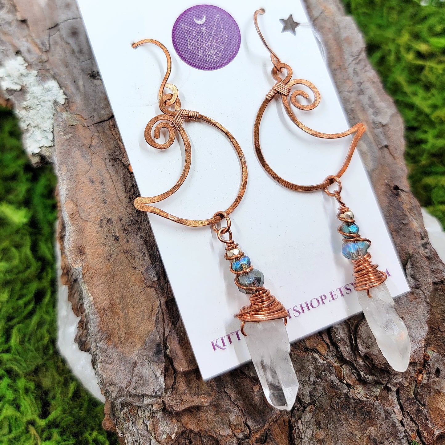 Quartz & Copper Moon Earrings