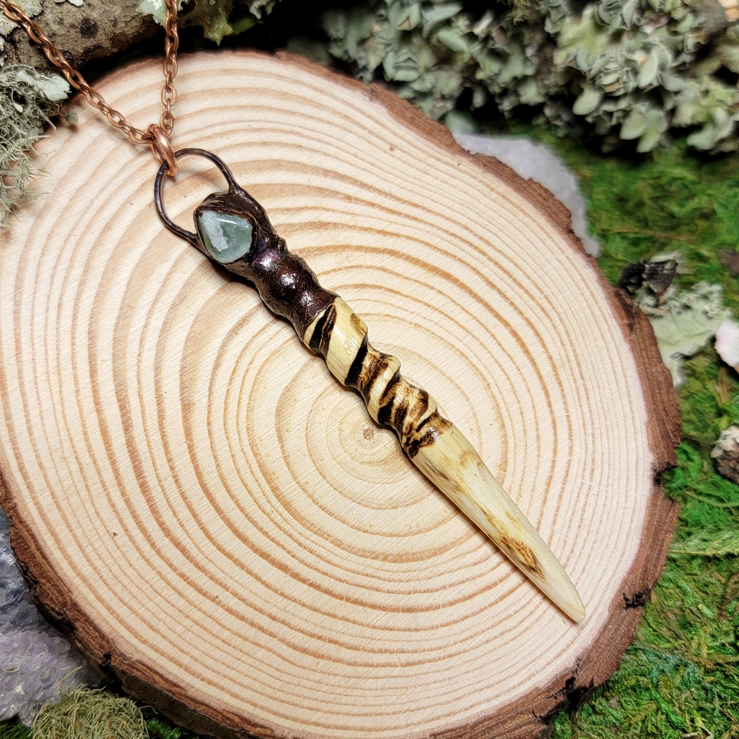 Hand Carved Ash Wood, Copper & Green Aventurine Wand Necklace