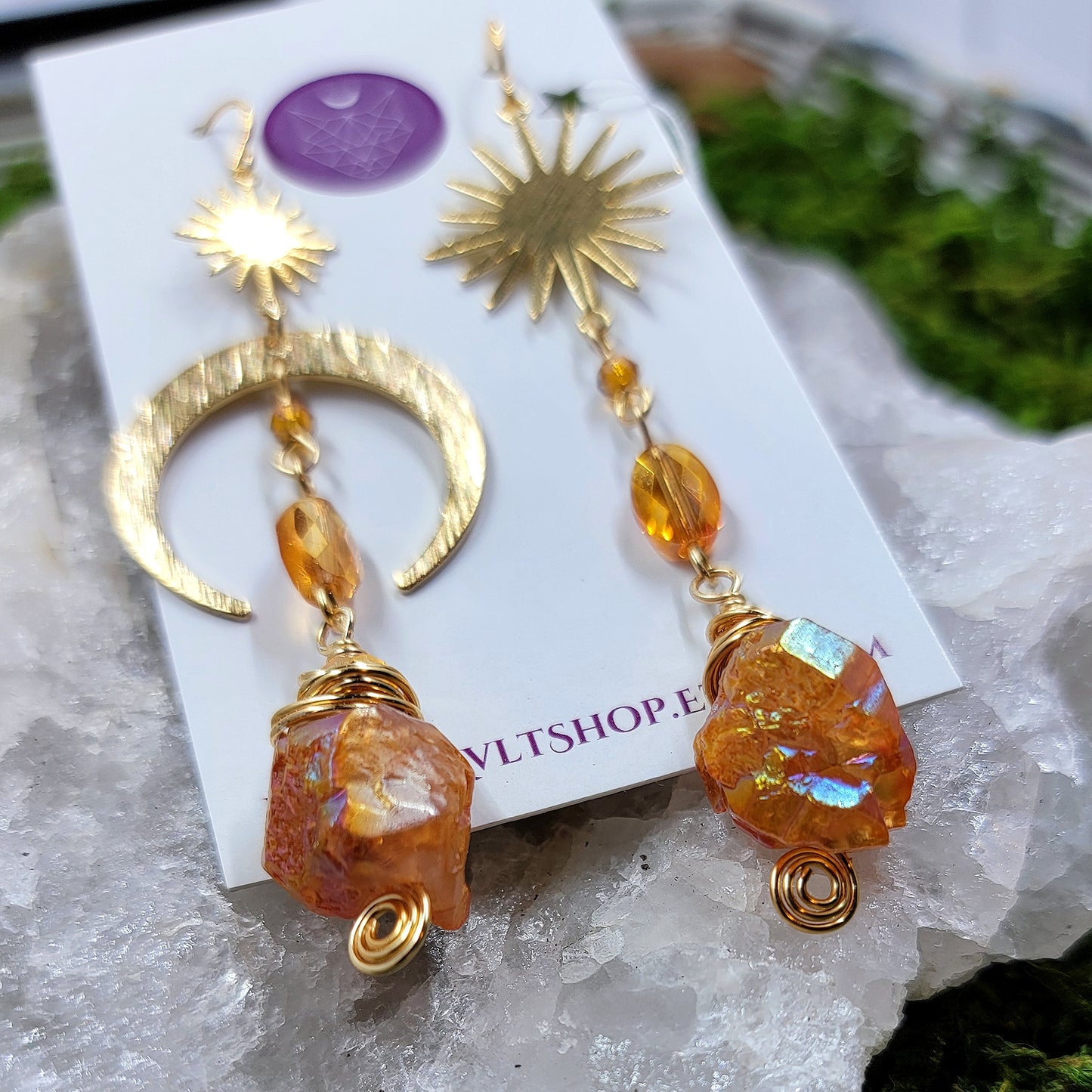 Orange Aura Quartz Moon & Star Mismatch Earrings