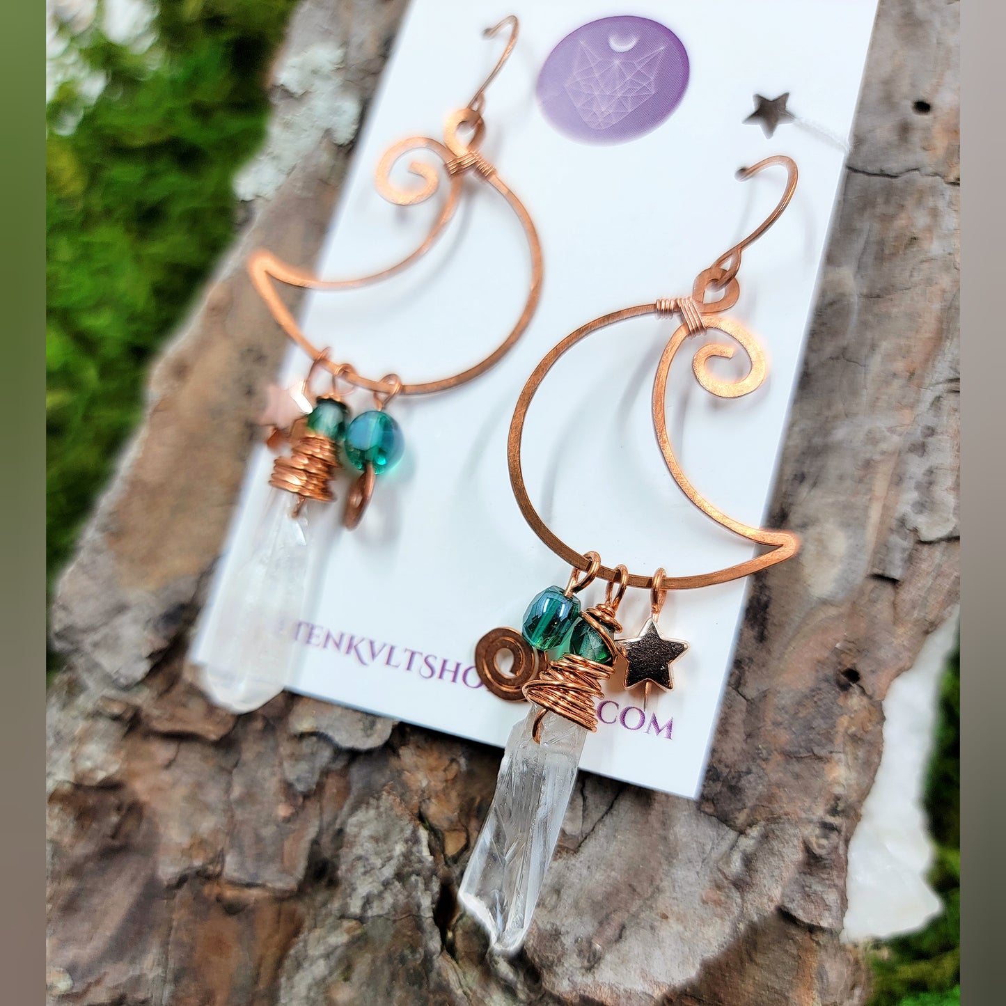 Quartz & Copper Moon Earrings