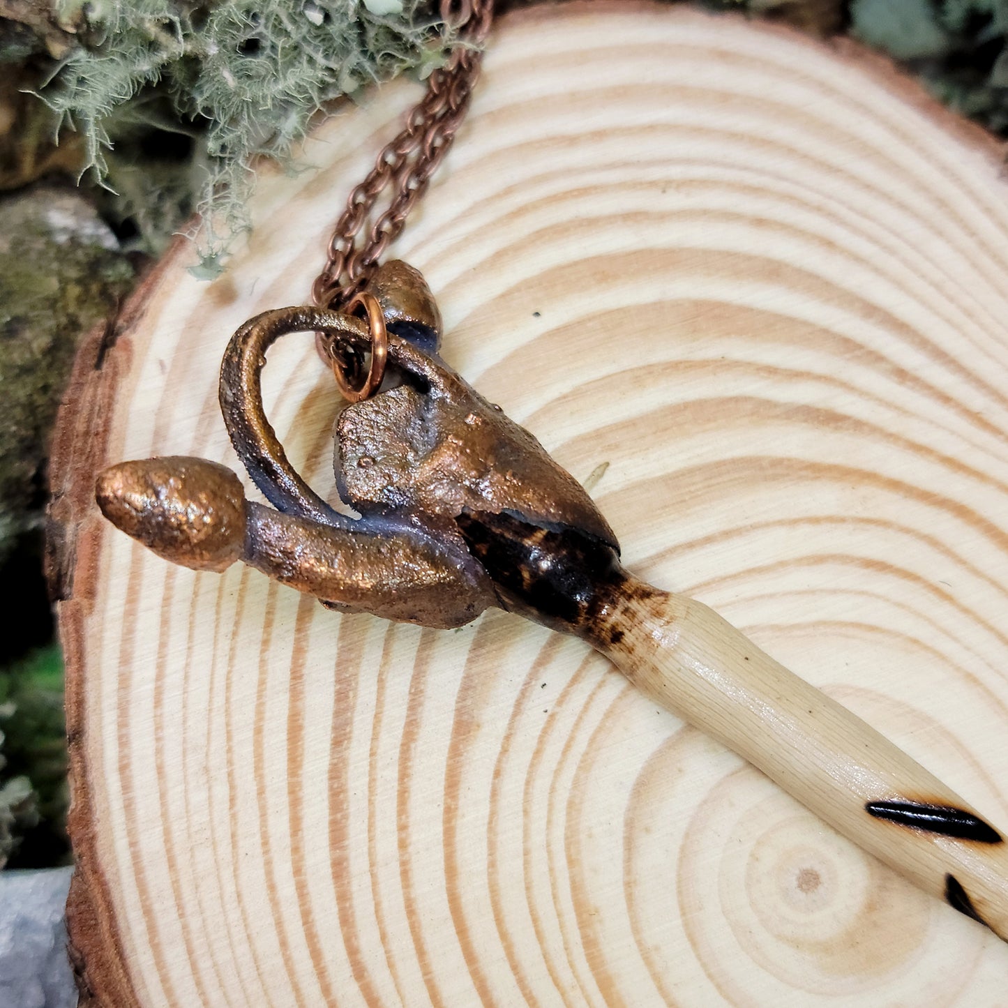 Hand Carved Wand Labradorite Mushroom Electroformed Copper Necklace