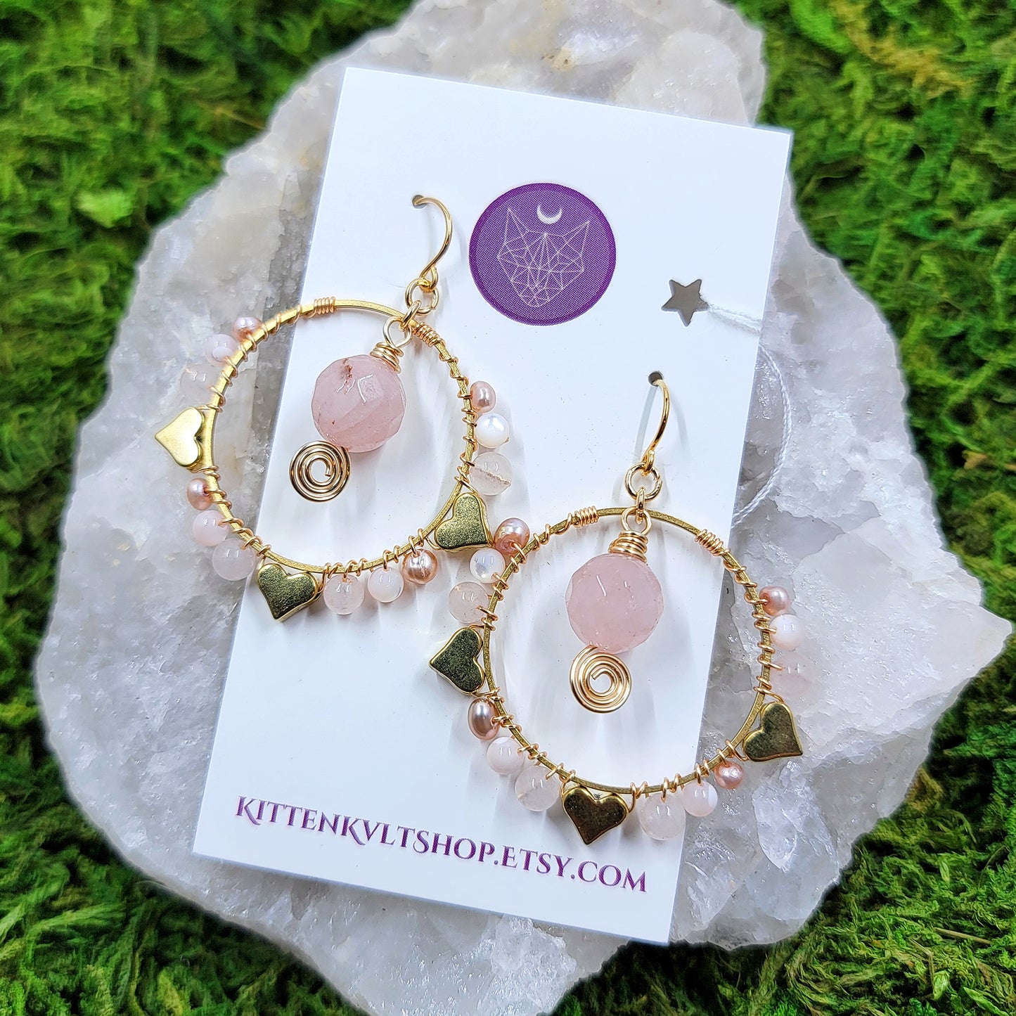 Rose Quartz, Pearl & Mother of Pearl Heart Earrings