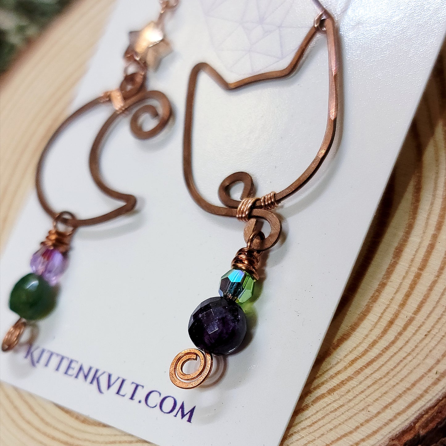 Amethyst & Moss Agate Cat and Moon Hammered Copper Earrings