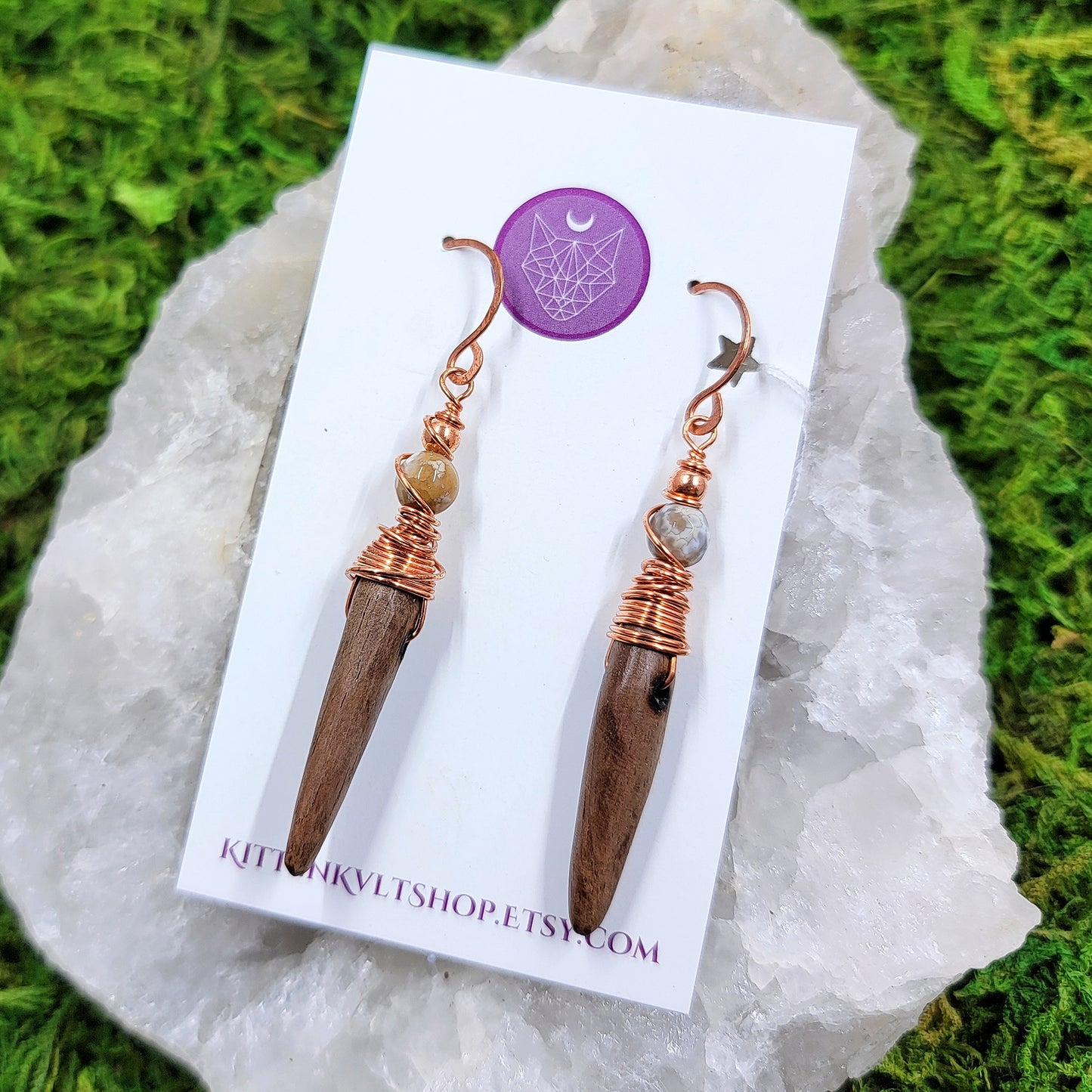 Hand Carved Walnut, Agate, & Copper Earrings