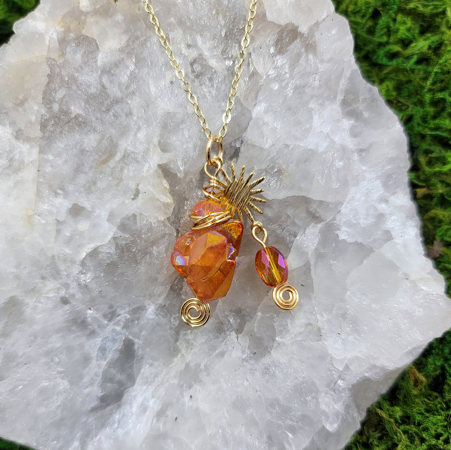 Orange Aura Quartz Sun Star Necklace