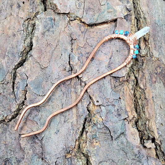 Sea Witch Quartz Crystal Hammered Copper Hair Fork