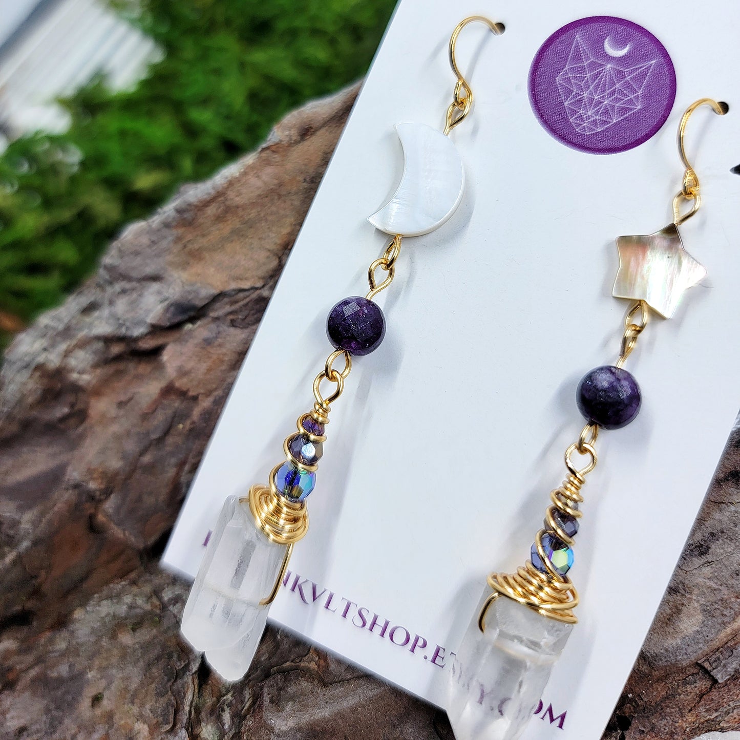 Celestial Quartz, Amethyst, Shell Moon & Star Earrings