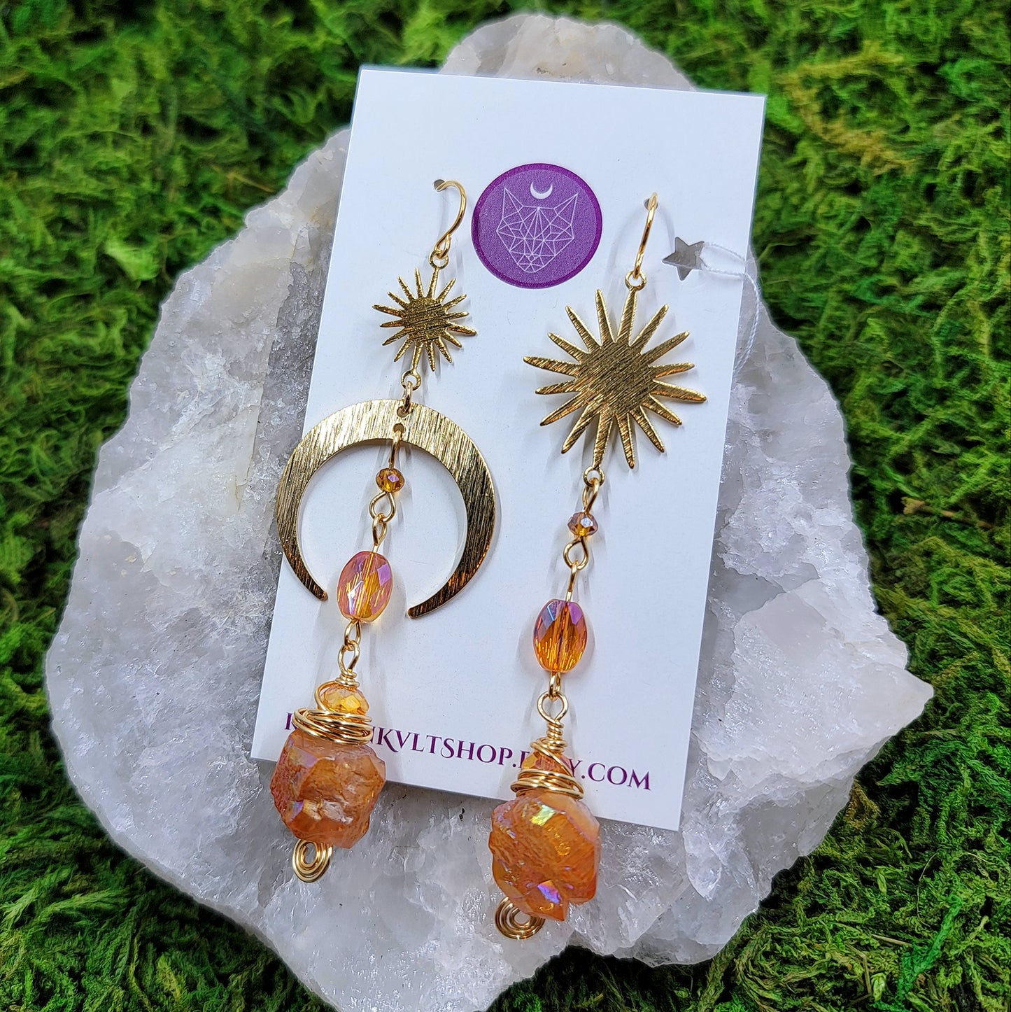 Orange Aura Quartz Moon & Star Mismatch Earrings