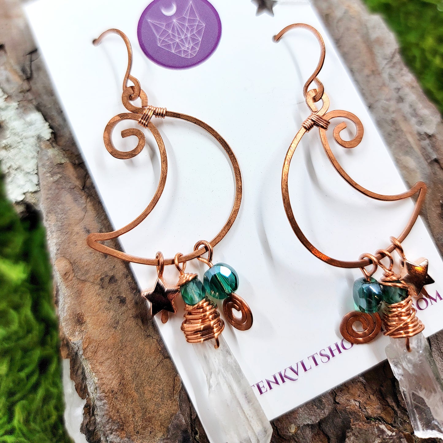 Quartz & Copper Moon Earrings