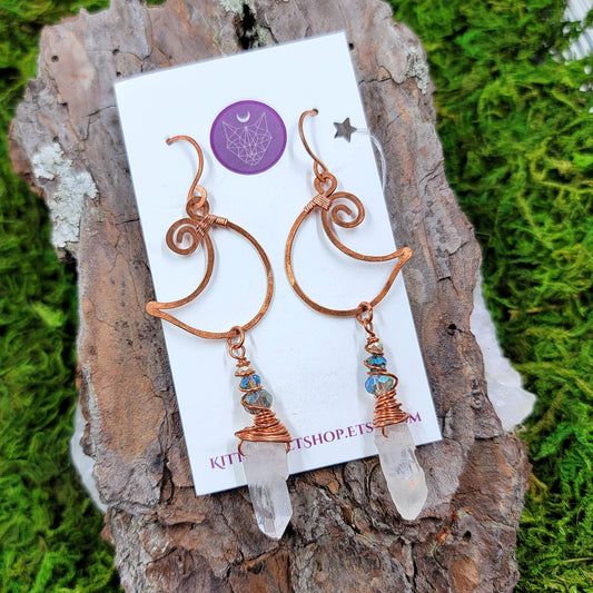 Quartz & Copper Moon Earrings