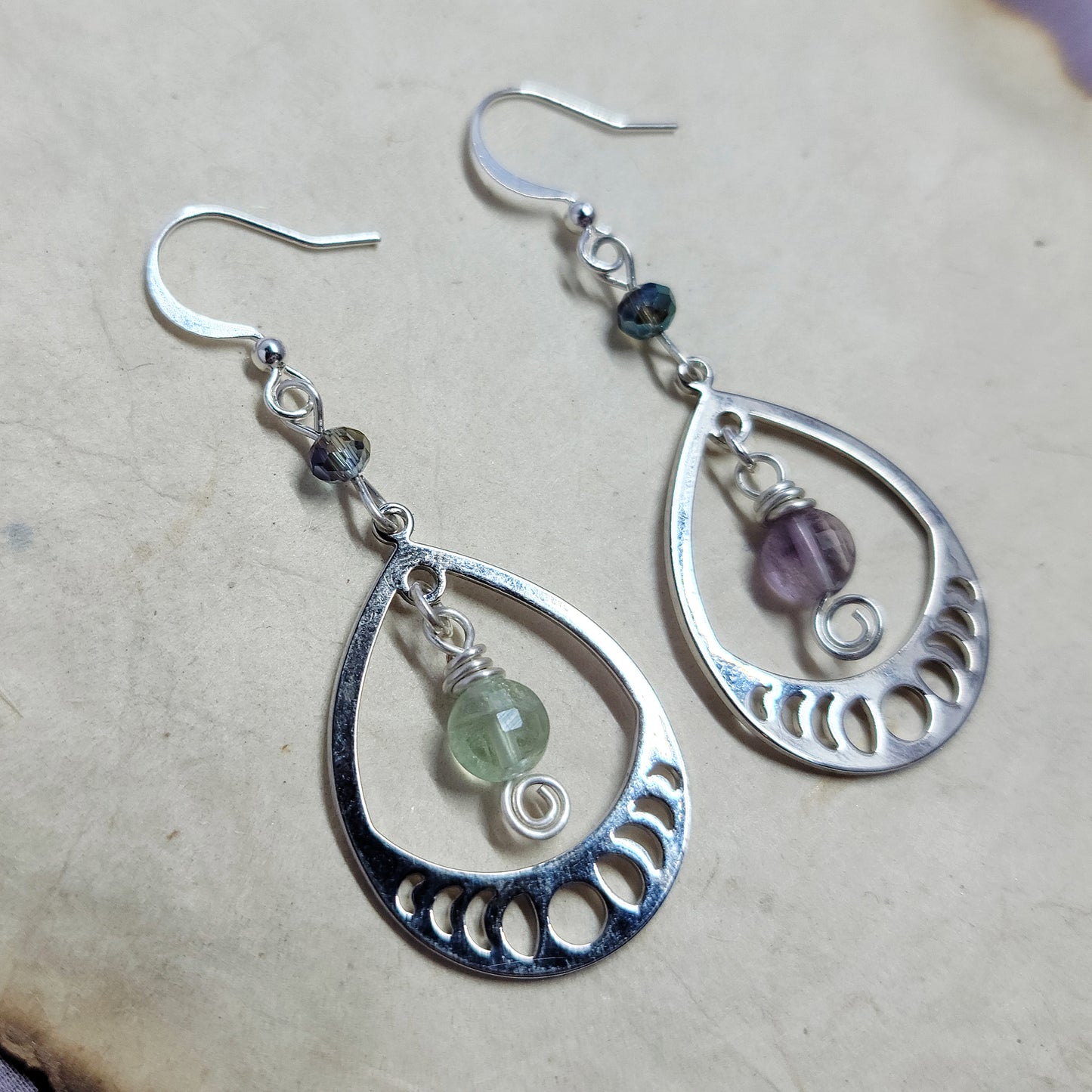 Cosmic Rainbow Fluorite Moon Phase Earrings