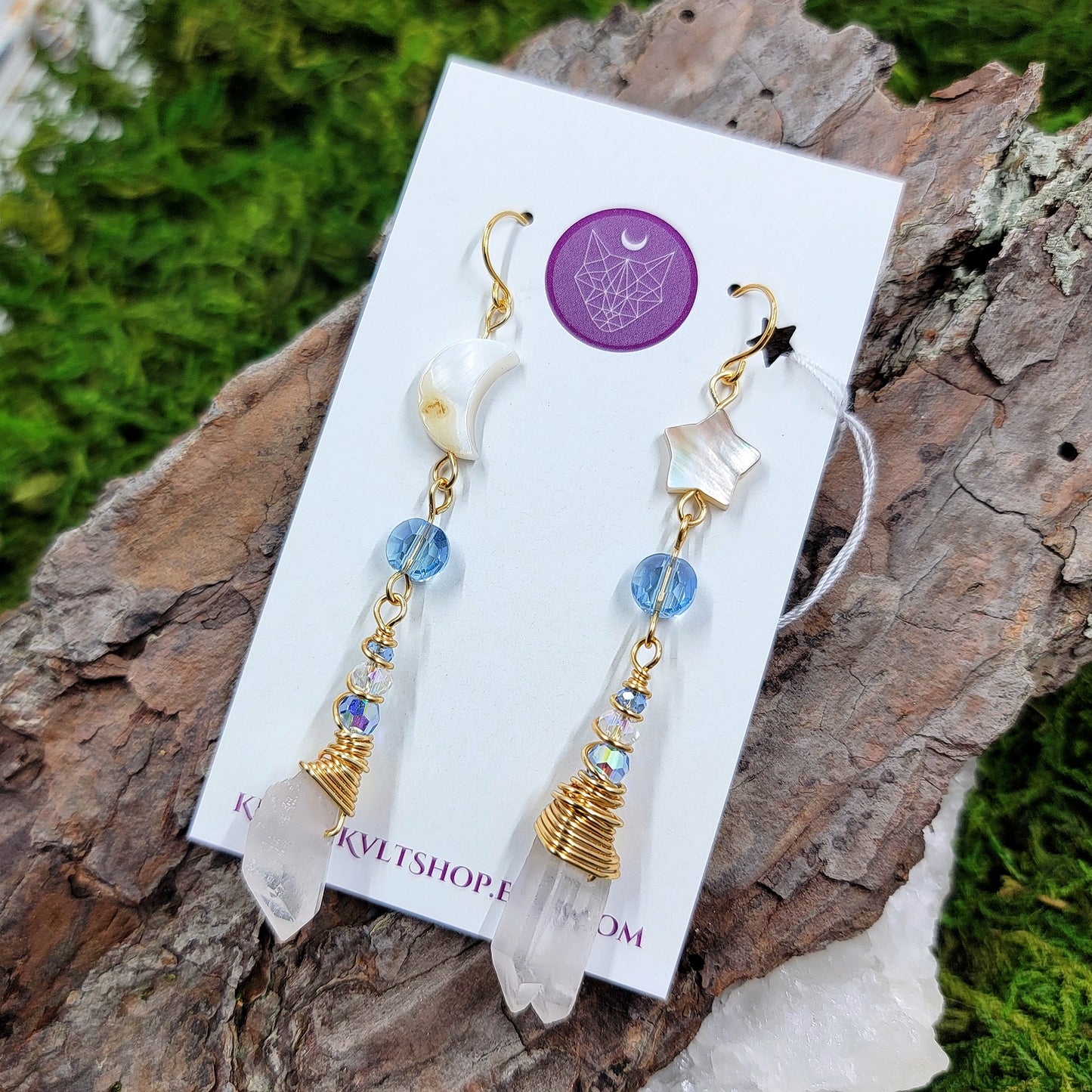 Celestial Quartz, Shell Moon & Star Earrings