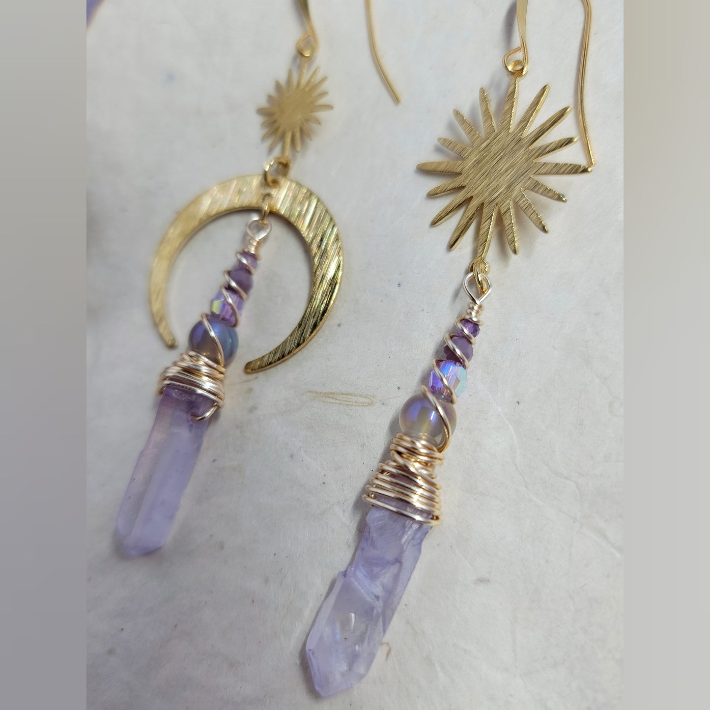 Celestial Lilac Aura Quartz Aura Agate Crystal Moon Earrings