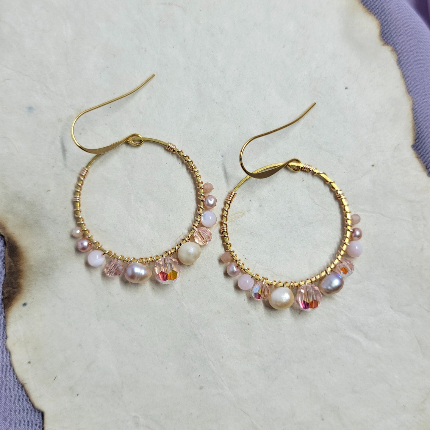 Ethereal Freshwater Pearl, Mother of Pearl, Peach Moonstone Crystal Hoops