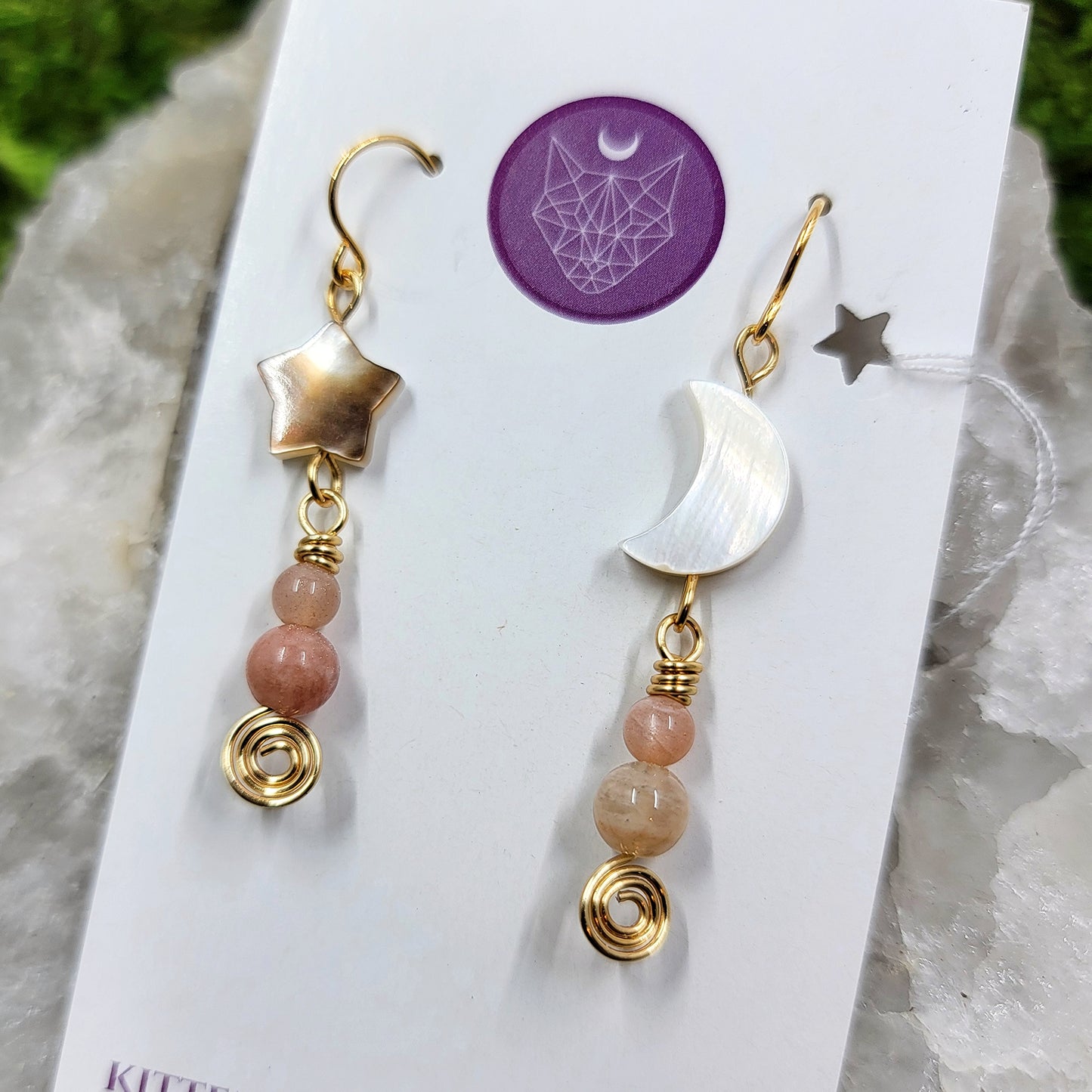 Sunstone and Shell Moon & Star Earrings