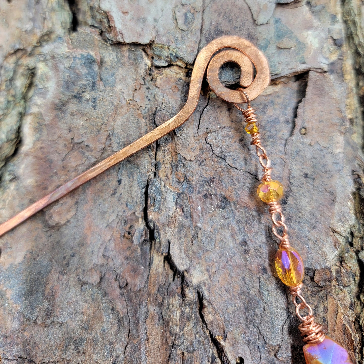 Aura Quartz & Hammered Copper Swirl Hair Stick