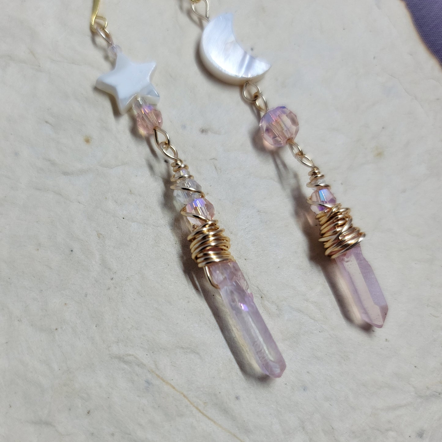 Pink Aura Quartz Celestial Shell Earrings