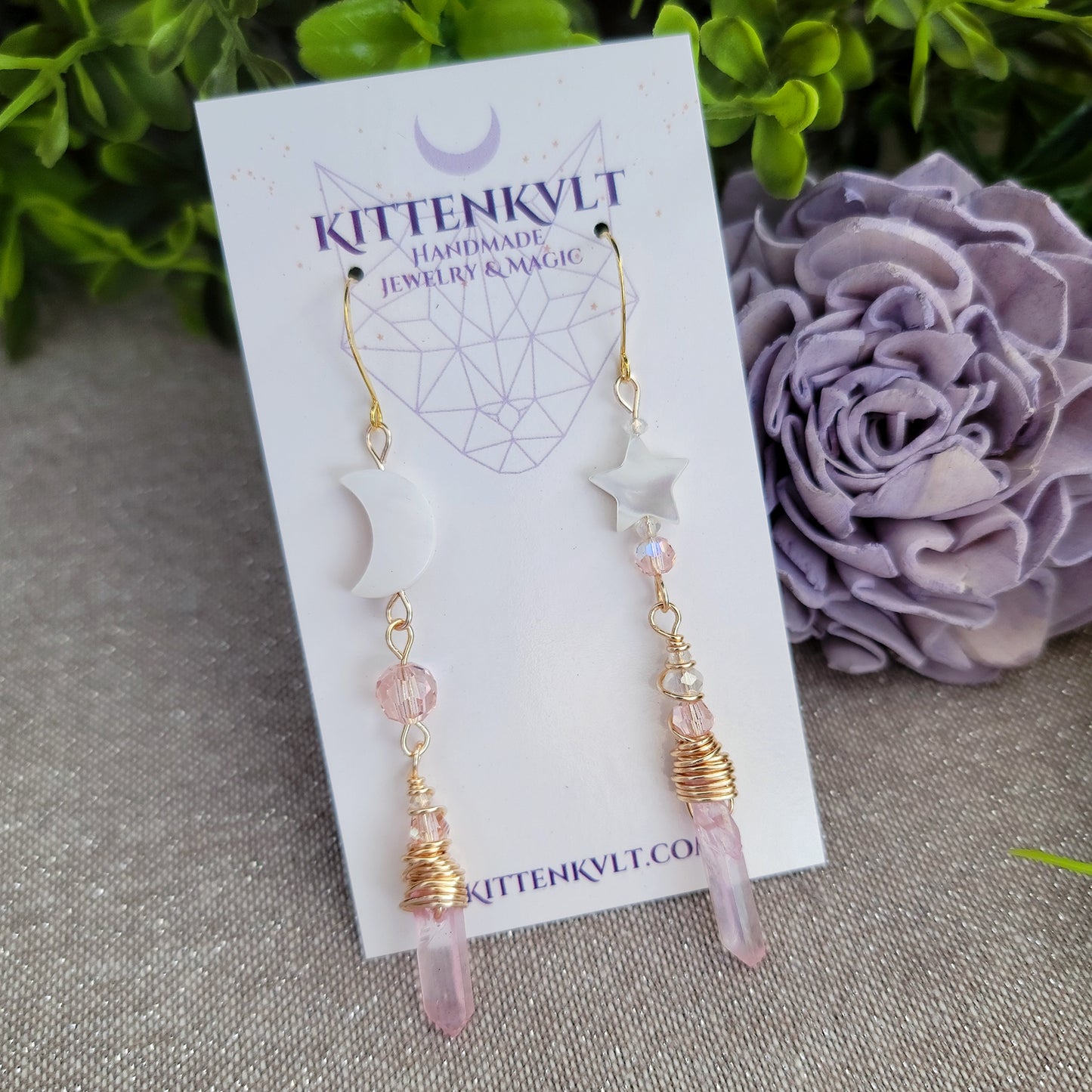 Pink Aura Quartz Celestial Shell Earrings