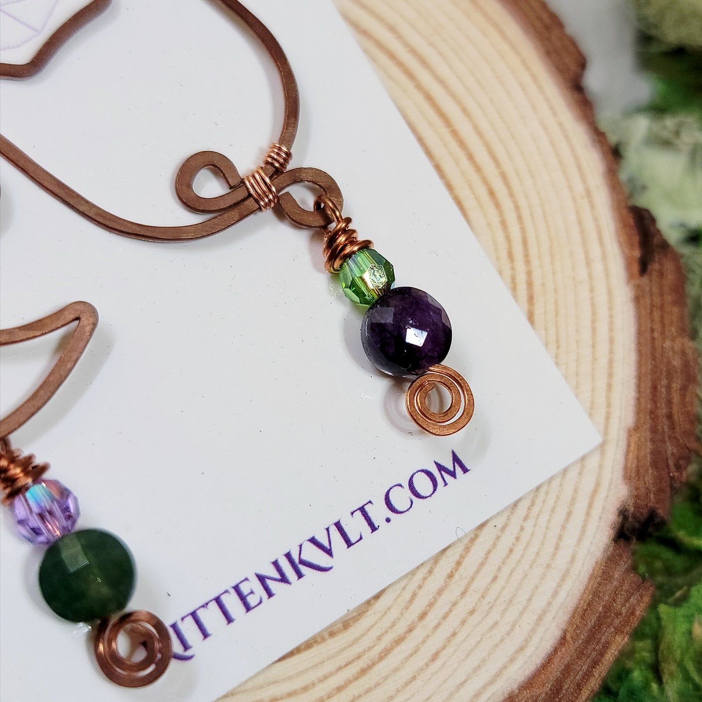 Amethyst & Moss Agate Cat and Moon Hammered Copper Earrings