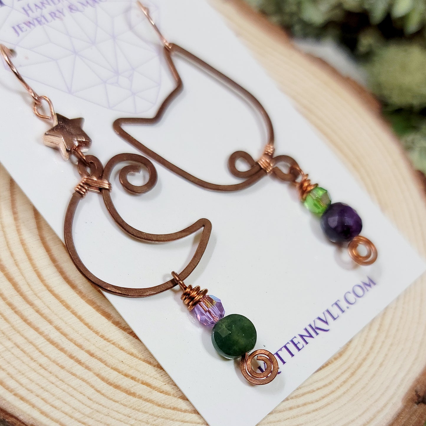 Amethyst & Moss Agate Cat and Moon Hammered Copper Earrings