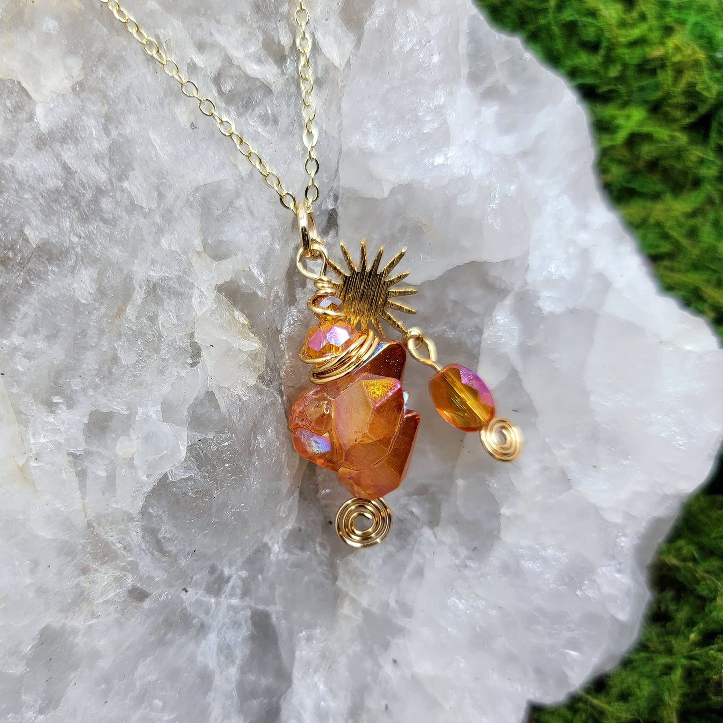 Orange Aura Quartz Sun Star Necklace