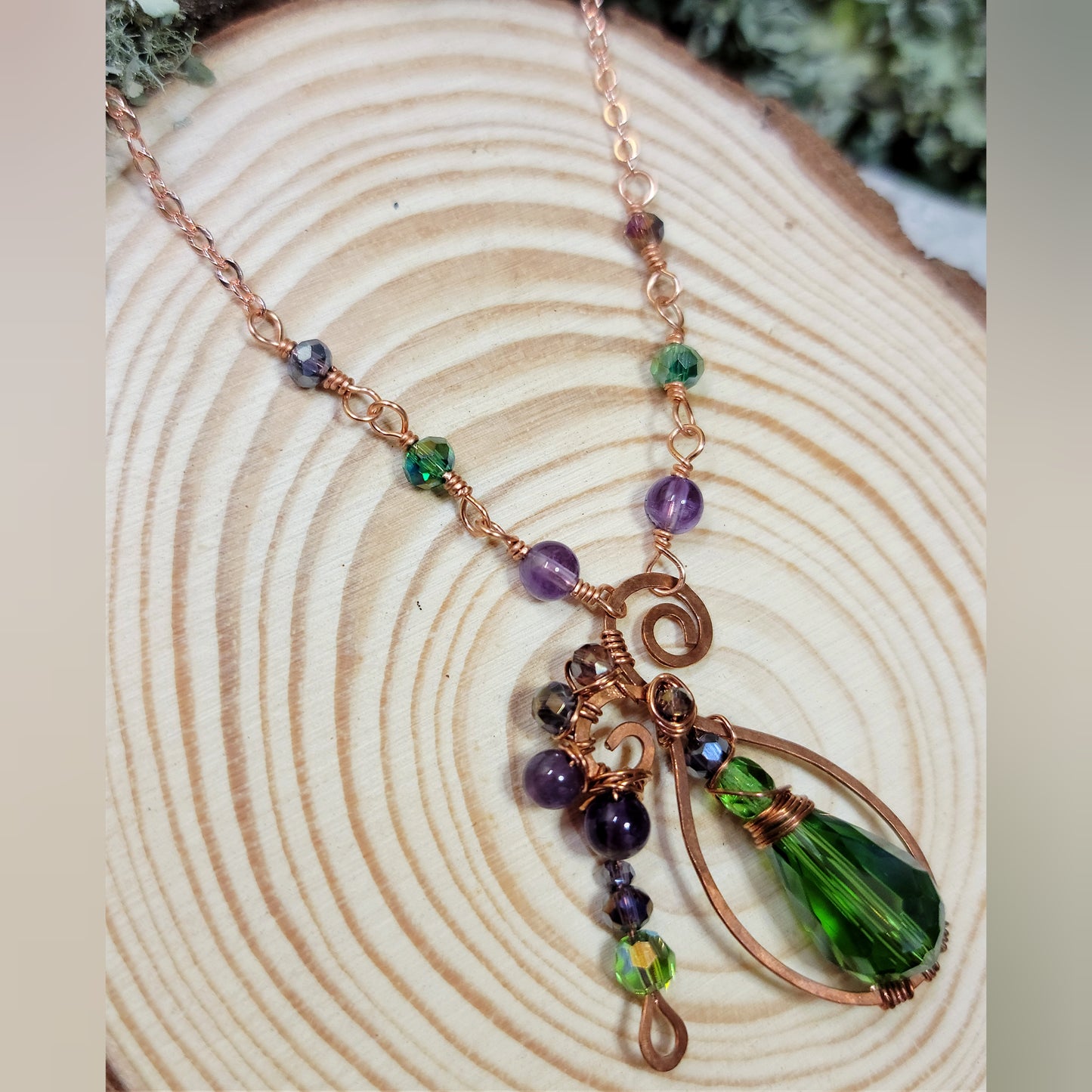 Amethyst & Sun Catcher Glass Poison Bottle Hammered Copper Necklace