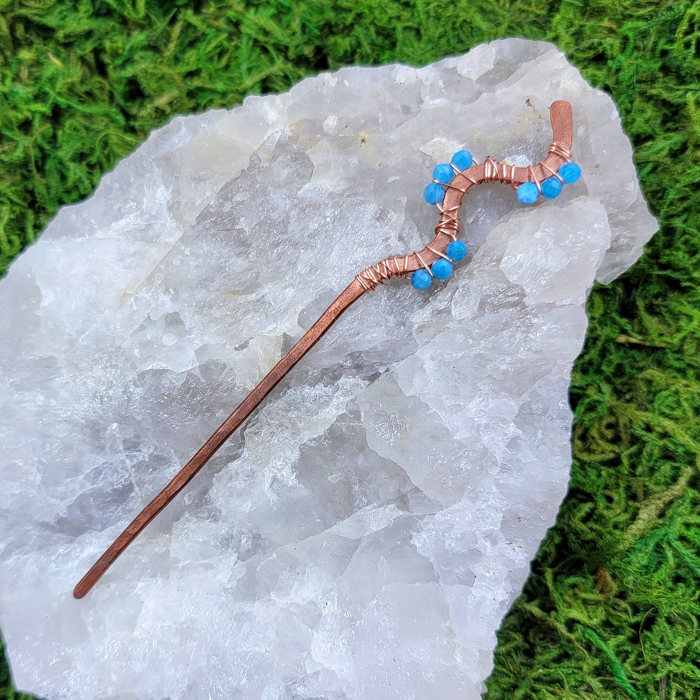 Blue Apatite Hammered Copper Squiggle Hair Stick