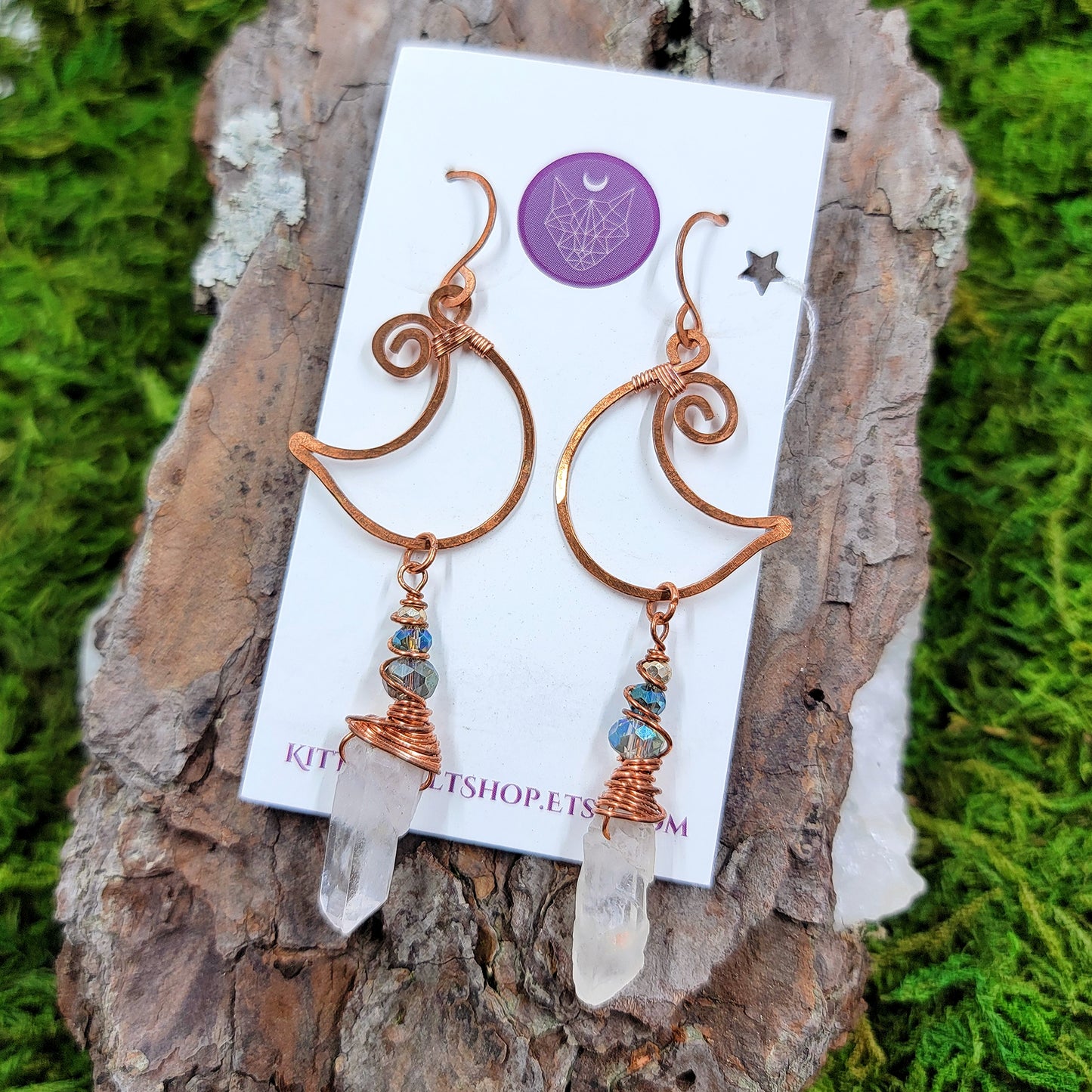 Quartz & Copper Moon Earrings