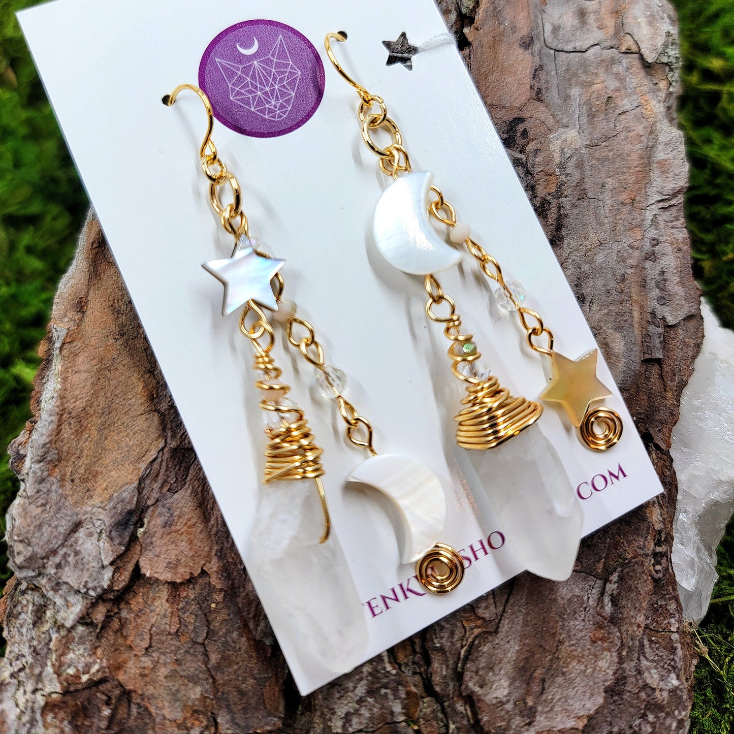 Celestial Quartz, Shell Moon & Star Earrings