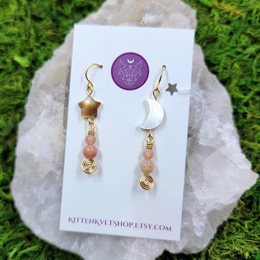 Sunstone and Shell Moon & Star Earrings