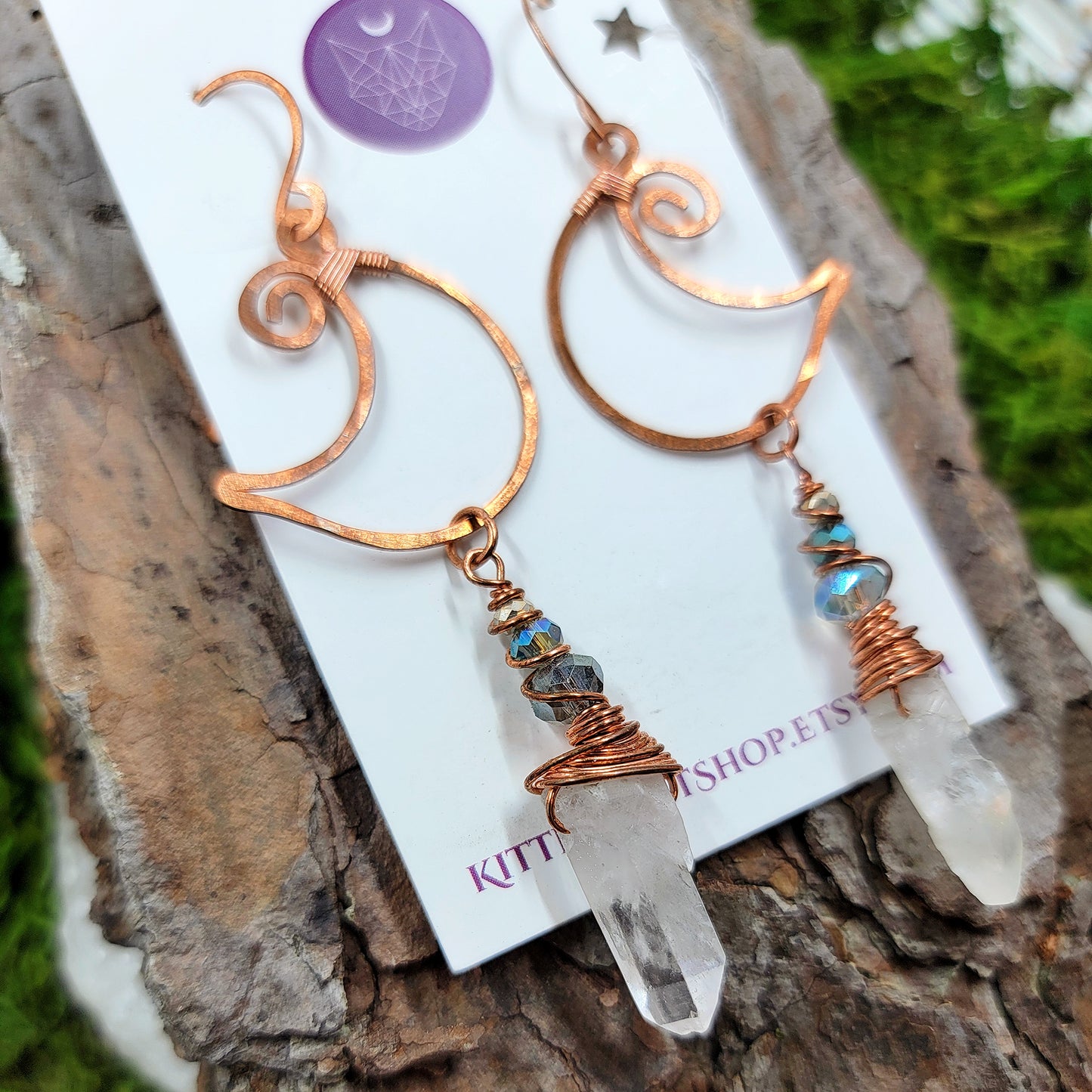 Quartz & Copper Moon Earrings