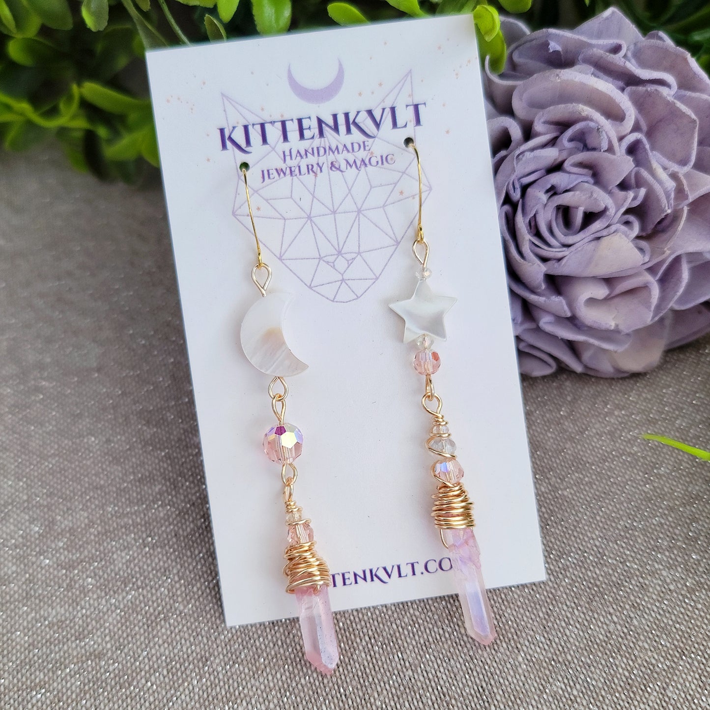 Pink Aura Quartz Celestial Shell Earrings