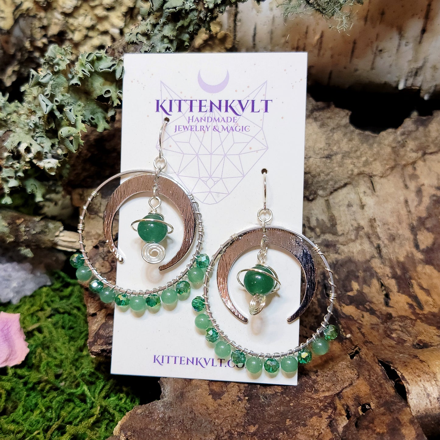 Green Aventurine Moon Planet Earrings