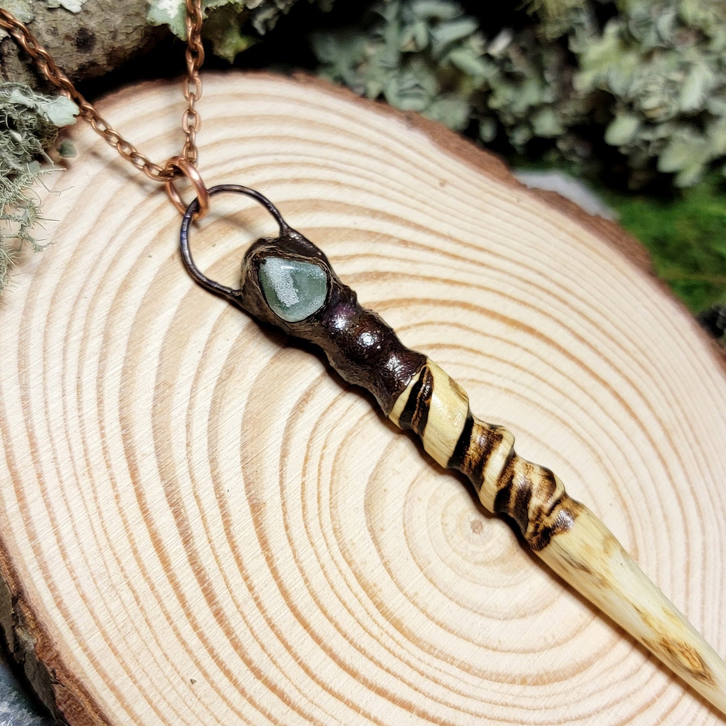 Hand Carved Ash Wood, Copper & Green Aventurine Wand Necklace