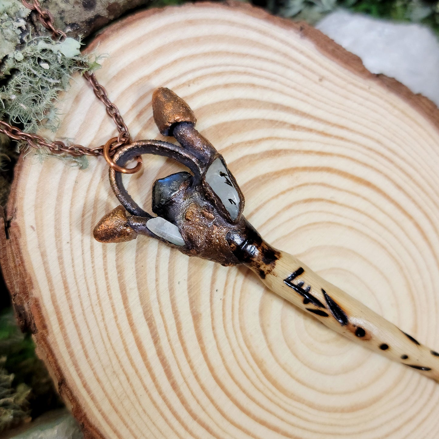 Hand Carved Wand Labradorite Mushroom Electroformed Copper Necklace