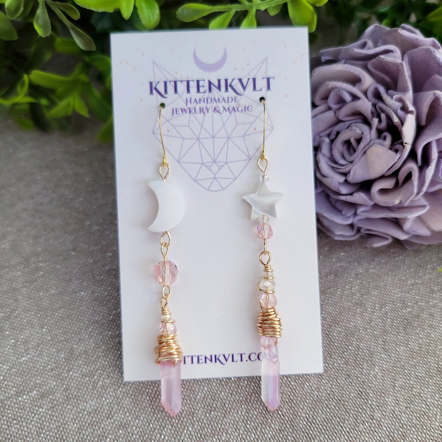 Pink Aura Quartz Celestial Shell Earrings