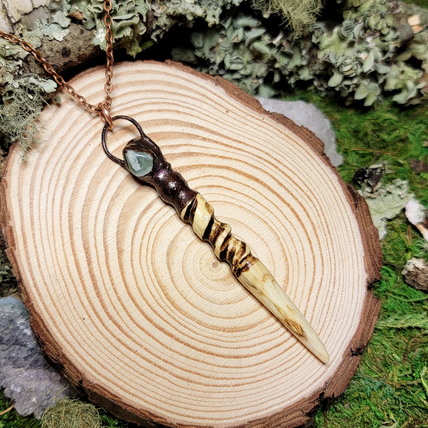 Hand Carved Ash Wood, Copper & Green Aventurine Wand Necklace