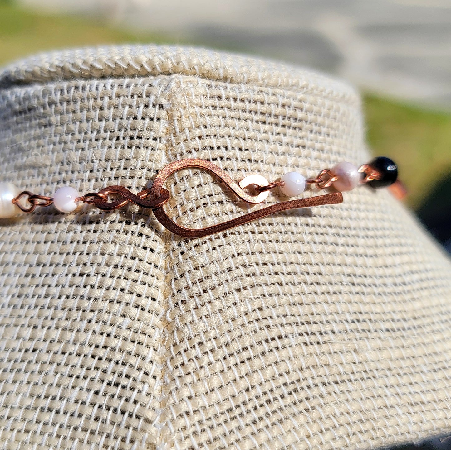 Rose Quartz Heart Copper Choker With Freshwater Pearls, Mother of Pearl & Onyx